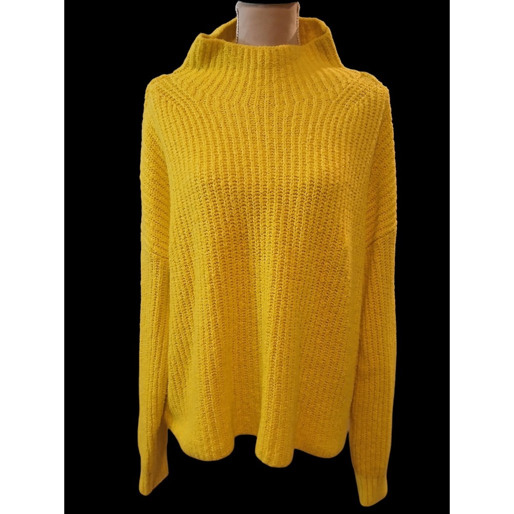 Anthropologie Mock Neck Sweater XL Yellow Chunky Rib Knit Pullover - READ